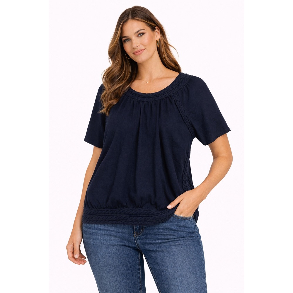 Cabi Navy Blue Short Sleeve Knit Top Braided Trim Scoop Neck Blouse Medium